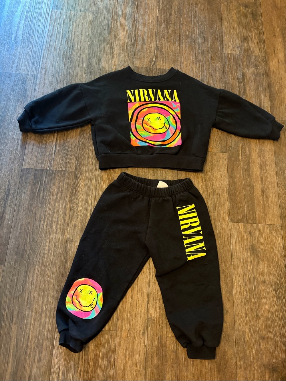 Zara Toddler 2pc Fleece Pants Set Black Nirvana Graphic 4-5Y Long Sleeve